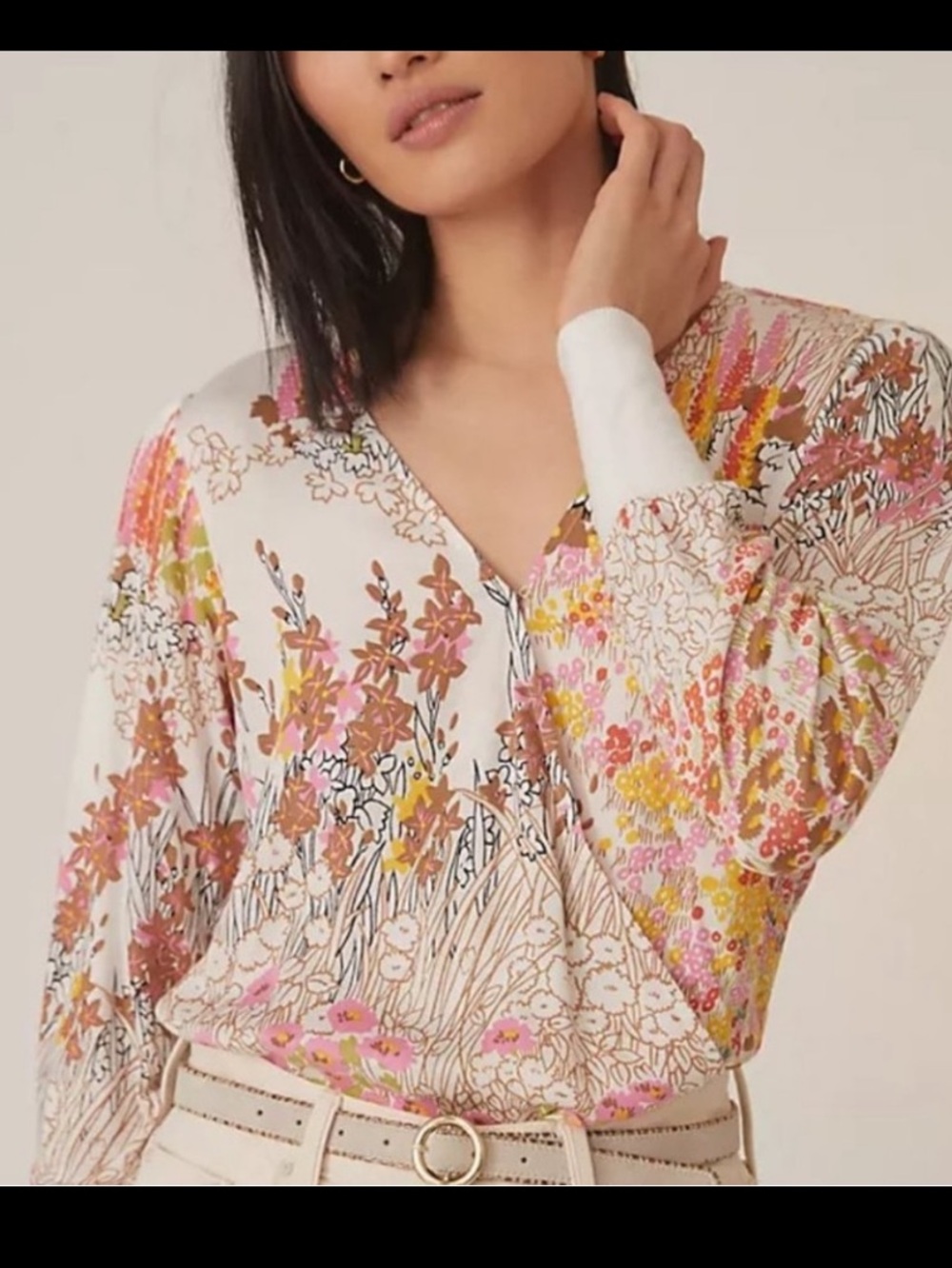 Anthropologie Floral V-Neck Pullover in White, Pink, Yellow, Brown • S